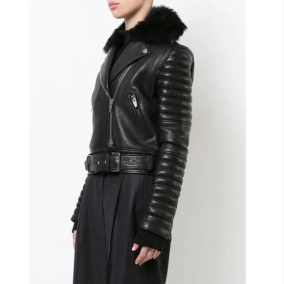 The Arrivals Rainier Black Lambskin Italian Leather Moto Fur Collar Jacket - Picture 1 of 15